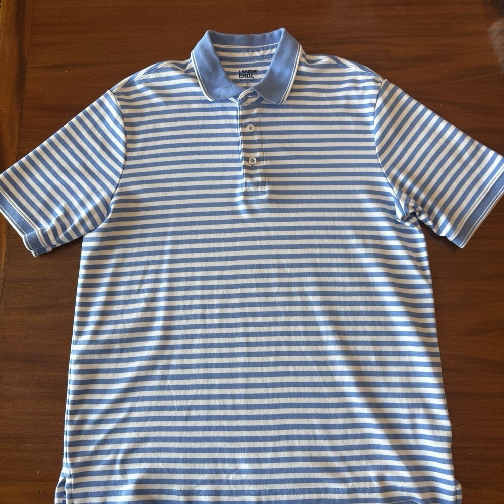 Lands' End Men's Blue Striped Polo‎ Shirt - Medium